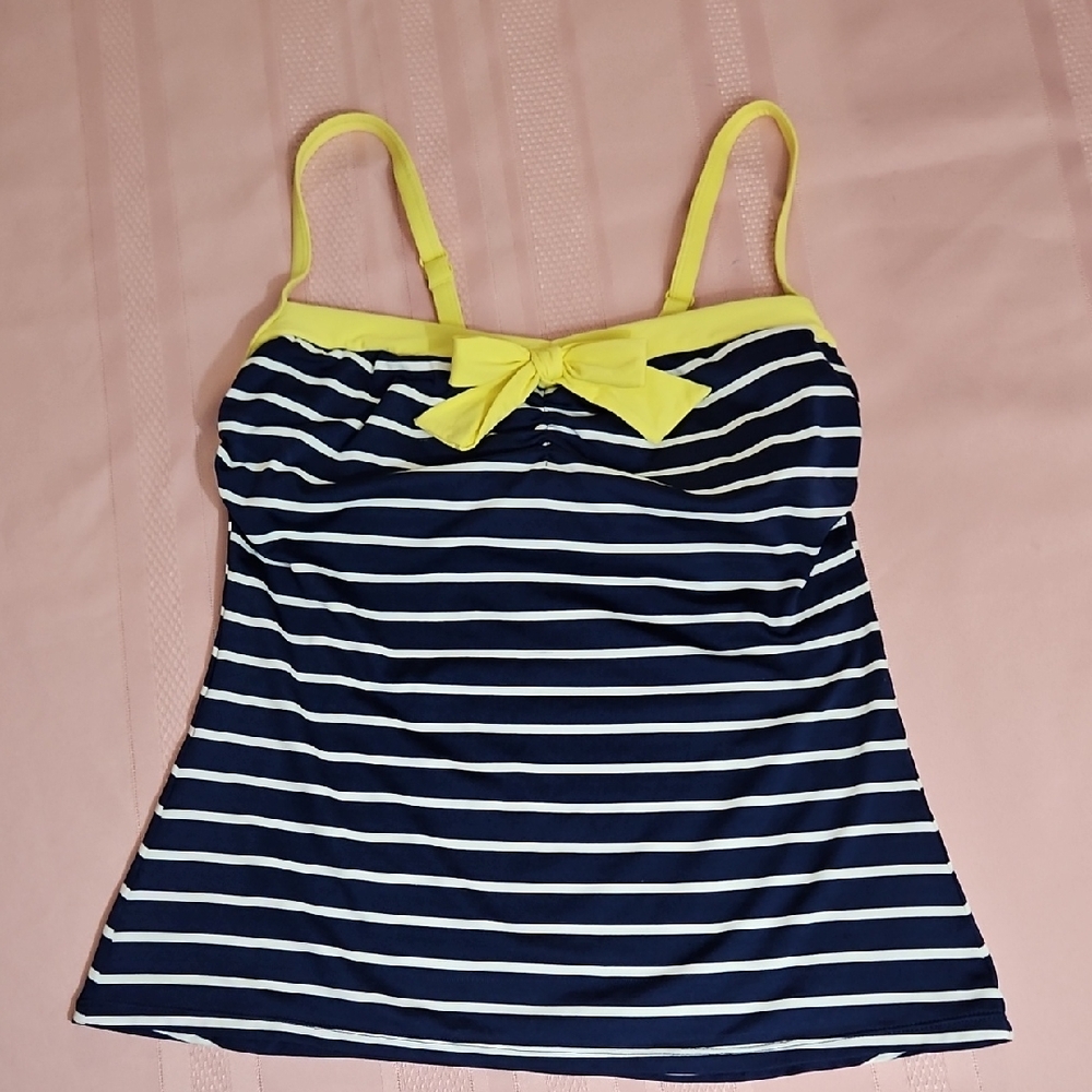 BEACH HOUSE Woman Tankini Swim Top Blue w/White Stripes Yellow Accents-Size 10